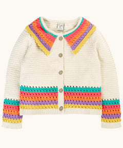 Frugi aurora collar cardigan in natural cream with rainbow stripe detail on bottom, cuffs and collar. Button up front closure.