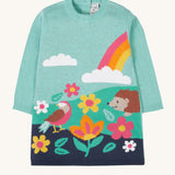 Frugi ava blue marl rainbow knitted children's dress.