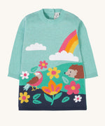 Frugi ava blue marl rainbow knitted children's dress.