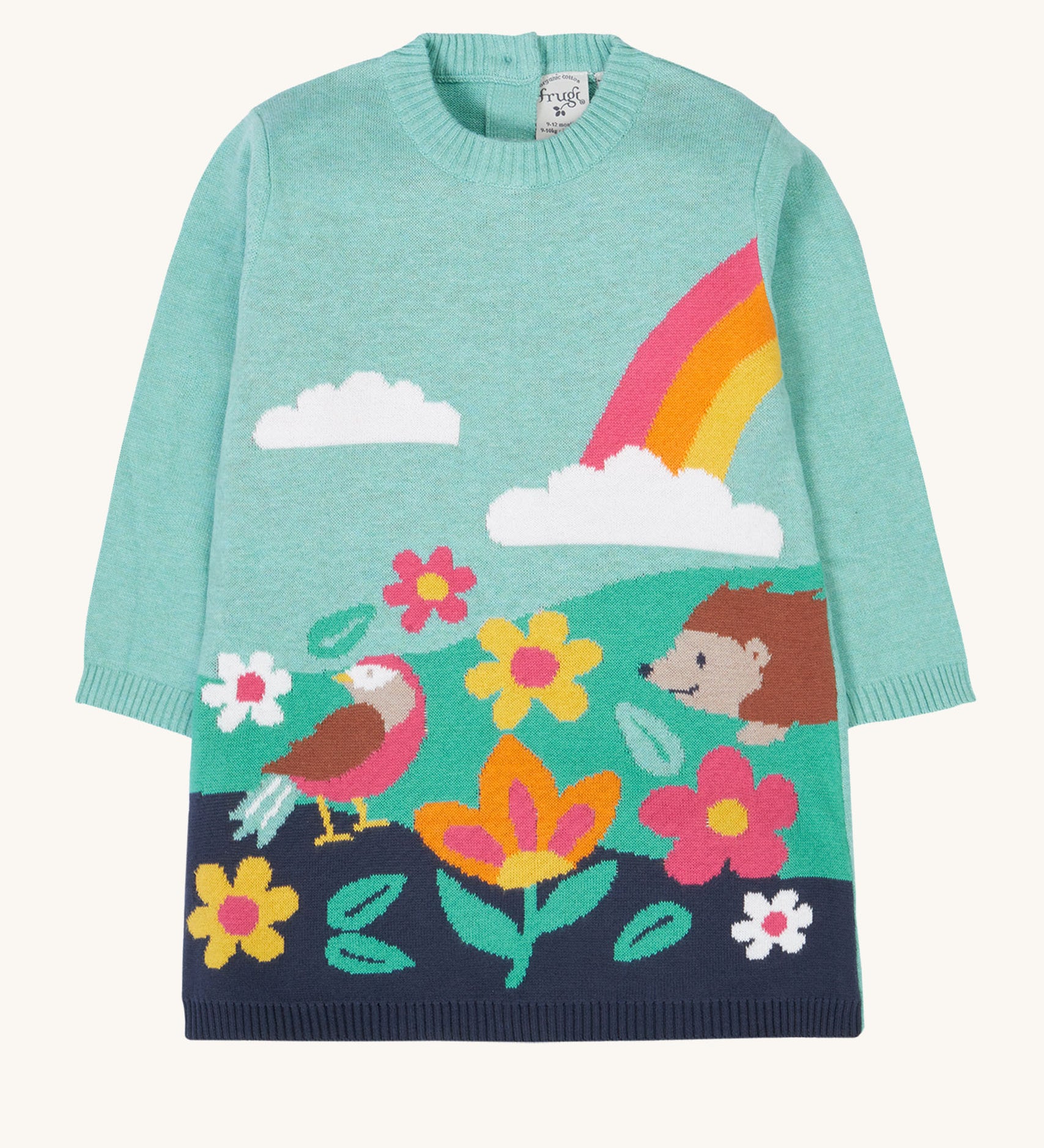 Frugi ava blue marl rainbow knitted children's dress.