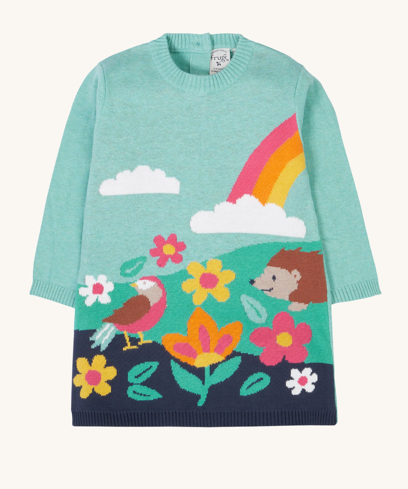 Frugi ava blue marl rainbow knitted children's dress.