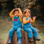 Two children sitting on a tall tree stump, both are wearing blue Frugi Babipur cord dungarees. 