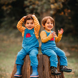 Two children sitting on a tall tree stump, both are wearing blue Frugi Babipur cord dungarees. 