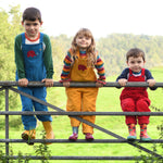 Three siblings standing on a metal gate. They are all wearing Frugi Babipur cord dungarees,  one in blue, one in yellow and one in red. 