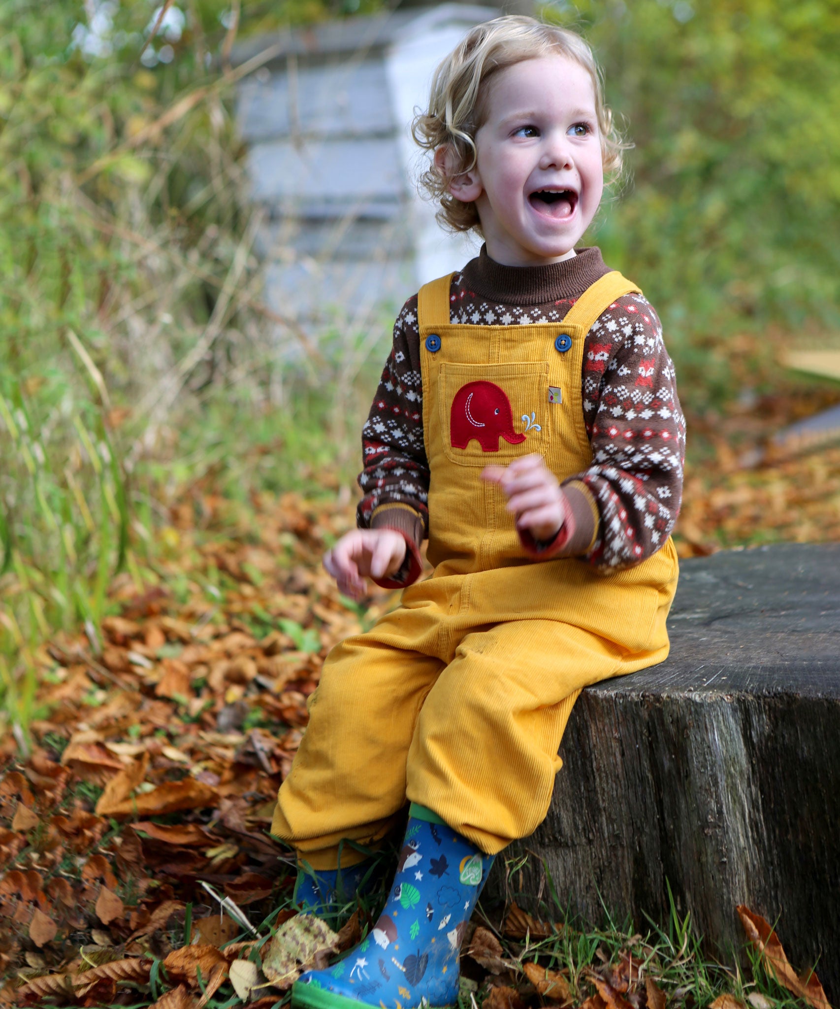 A child sitting on a large tree stump smiling and wearing a Frugi Babipur yellow cord dungarees. 