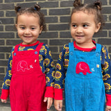 Twins wearing the Frugi Babipur dungarees, one in red, one in blue. 