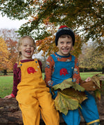 Two children sitting on a large log in park. One is wearing a yellow Frugi Babipur dungarees and the other is wearing the blue version. 
