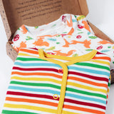 The Frugi Scrumptious Organic Cotton Babygrow Gift Set in a cardboard gift box.