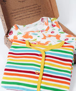 The Frugi Scrumptious Organic Cotton Babygrow Gift Set in a cardboard gift box.