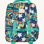 The back of the Frugi magic stars explorers backpack. Features a strap with buckle connecting the two shoulder straps for a secure fit and handy carry handle on top 