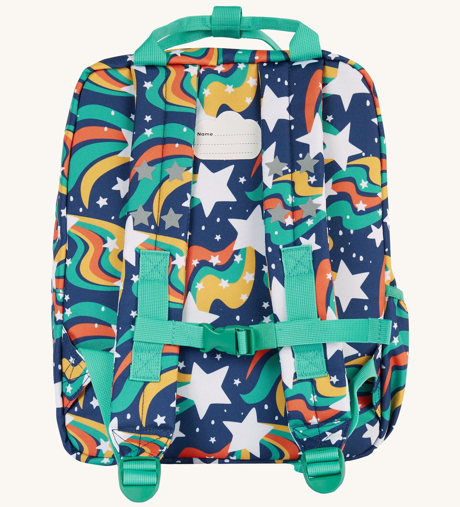 The back of the Frugi magic stars explorers backpack. Features a strap with buckle connecting the two shoulder straps for a secure fit and handy carry handle on top 