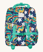 The back of the Frugi magic stars explorers backpack. Features a strap with buckle connecting the two shoulder straps for a secure fit and handy carry handle on top 