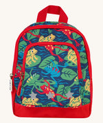 Frugi little adventures backpack in be hoppy. A small navy backpack with red trim and multiple prints of playful frogs. Features 2 compartments and reflective stars