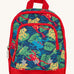 Frugi little adventures backpack in be hoppy. A small navy backpack with red trim and multiple prints of playful frogs. Features 2 compartments and reflective stars