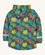 The back of the Frugi kids be hoppy puddle buster coat showing the multicoloured playful frog prints and reflective strap detail on waterproof material.