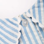 Close up of the neck button closure on the Frugi Beach Hut Blue and white Stripe Cassie Collared Dress