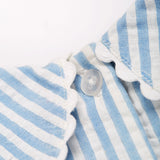 Close up of the neck button closure on the Frugi Beach Hut Blue and white Stripe Cassie Collared Dress