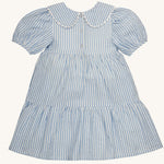Back of the Frugi Beach Hut Blue and white Stripe Cassie Collared Dress pictured on a plain background
