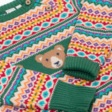 A close up of the Frugi fowey bear fairisle organic cotton knitted jumper with the sleeves folded in. The sleeve cuffs are a dark green colour.