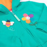 A close up of the Frugi kids carbis hoodie in dragon/bee showing the bee and flower applique detail next to the full length zip