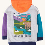 Frugi kids ben colour block hopscotch/fun hoodie  A 100% GOTS organic cotton jersey style hoodie in orange, grey, navy, blue, purple and green block colours. Features a a large mountain scene print on the back