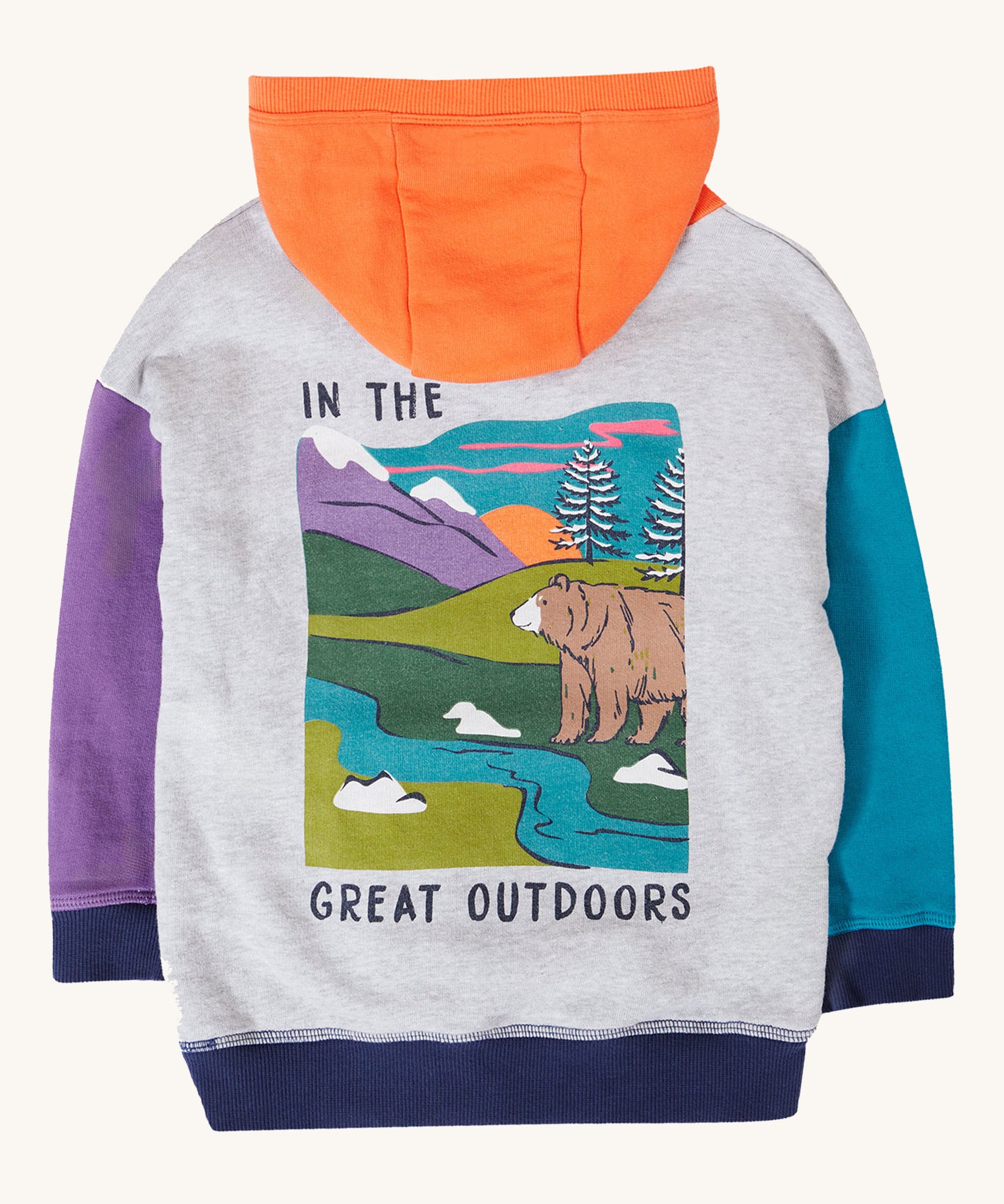 Frugi kids ben colour block hopscotch/fun hoodie  A 100% GOTS organic cotton jersey style hoodie in orange, grey, navy, blue, purple and green block colours. Features a a large mountain scene print on the back