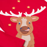 A close up of the reindeer applique on the front of the Frugi Berry Red Reindeer Terrific Circular Organic Cotton long sleeved kids Top. A red coloured children's top with a festive reindeer applique and gold stars on the front. This top is a part of a wide range of organic cotton clothing for children available here at Babipur. 