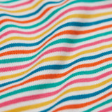 A close up of the Frugi kids multistripe rainbow betty body showing the rainbow stripe detail on the shoulder on organic cotton fabric.