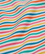 A close up of the Frugi kids multistripe rainbow betty body showing the rainbow stripe detail on the shoulder on organic cotton fabric.