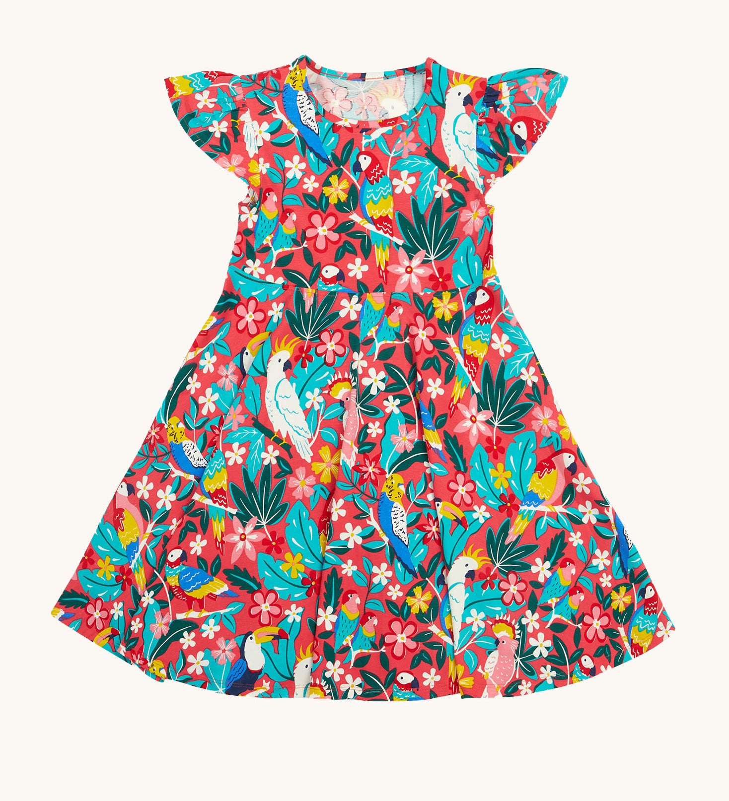 Frugi Morwenna Skater Dress in the Birds Of Paradise print, laid flat. Featuring different exotic birds surrounded by colourful flowers and leaves on a pink background.