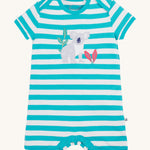 Frugi little koala rue romper - GOTS organic cotton baby romper with blue and white stripes, short sleeve and popper fasteners to cover the legs. Features a applique of a grey koala next to pink leaves and a bamboo shoot.