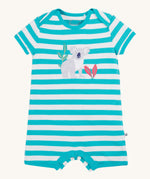 Frugi little koala rue romper - GOTS organic cotton baby romper with blue and white stripes, short sleeve and popper fasteners to cover the legs. Features a applique of a grey koala next to pink leaves and a bamboo shoot.
