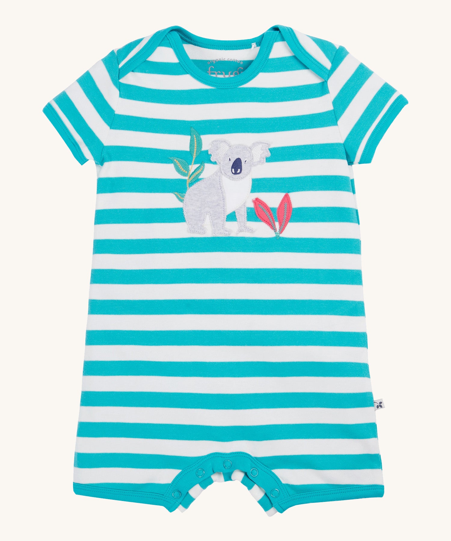 Frugi little koala rue romper - GOTS organic cotton baby romper with blue and white stripes, short sleeve and popper fasteners to cover the legs. Features a applique of a grey koala next to pink leaves and a bamboo shoot.