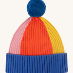 The Frugi Children's Rainbow Rib Bobble Hat - Blue Tang/Rainbow on a cream background