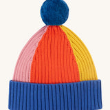 The Frugi Children's Rainbow Rib Bobble Hat - Blue Tang/Rainbow on a cream background