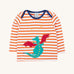 Frugi Children's Bobby dragon Applique orange and white striped long sleeved Top. This top is a part of a wide range of organic cotton clothing for children available here at Babipur. 