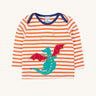 Frugi Children's Bobby dragon Applique orange and white striped long sleeved Top. This top is a part of a wide range of organic cotton clothing for children available here at Babipur. 