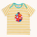 Frugi yellow striped short sleeve t-shirt with ladybird applique on the front. The ladybird has rainbow coloured dots.