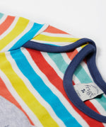 A close up of Frugi Bobster Applique T-Shirt in a Sea Rainbow Stripe print, featuring popper fastenings. 