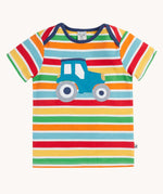 Frugi blue tractor applique rainbow striped t-shirt. Bands of red, light yellow, green, orange and light blue in-between thinner white stripes.