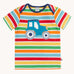 Frugi blue tractor applique rainbow striped t-shirt. Bands of red, light yellow, green, orange and light blue in-between thinner white stripes.