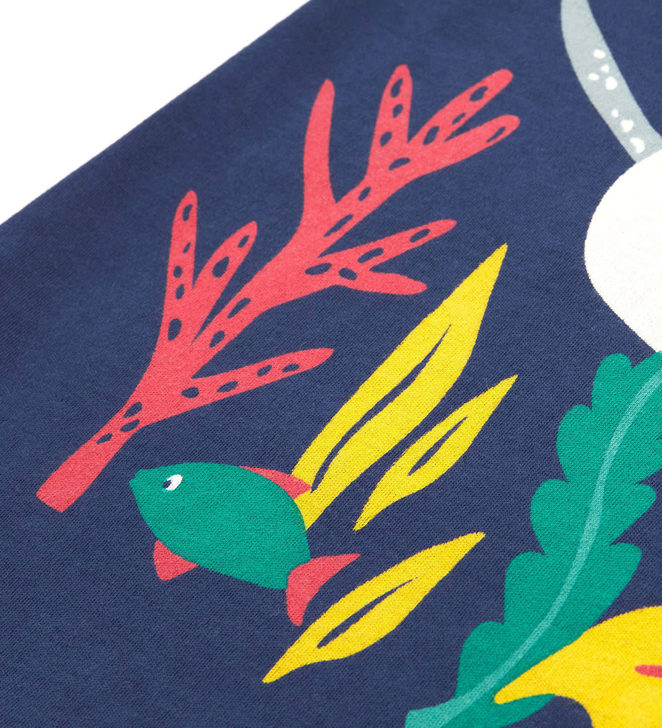 A close up of Frugi Bonnie Dress in Navy Blue, featuring a Sealife print, which includes small fish, surrounded by colourful seaweed and coral.
