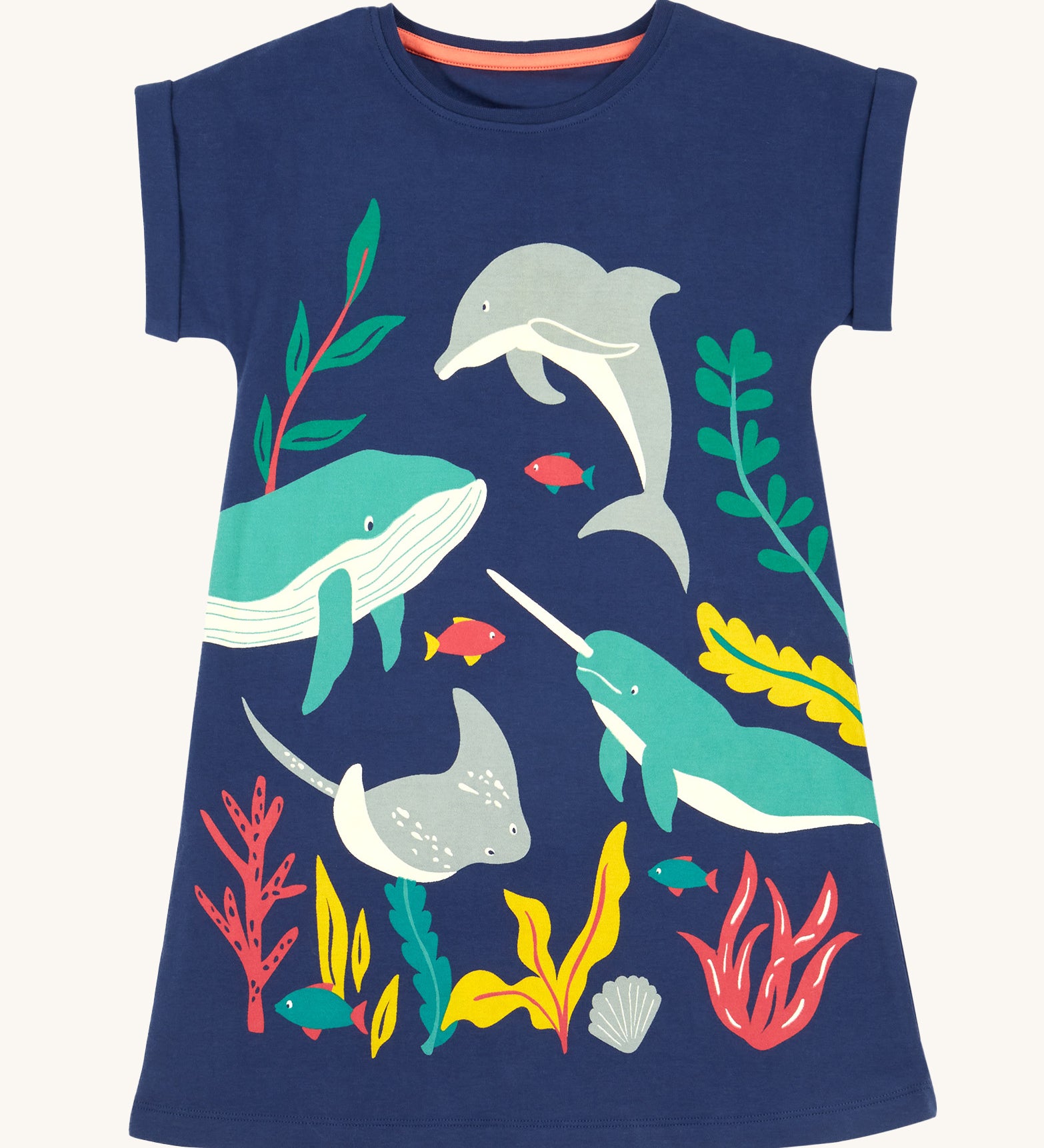Frugi Bonnie Dress in Navy Blue laid flat, featuring a Sealife print, which includes large sea animals and smaller fish, surrounded by colourful seaweed and coral.