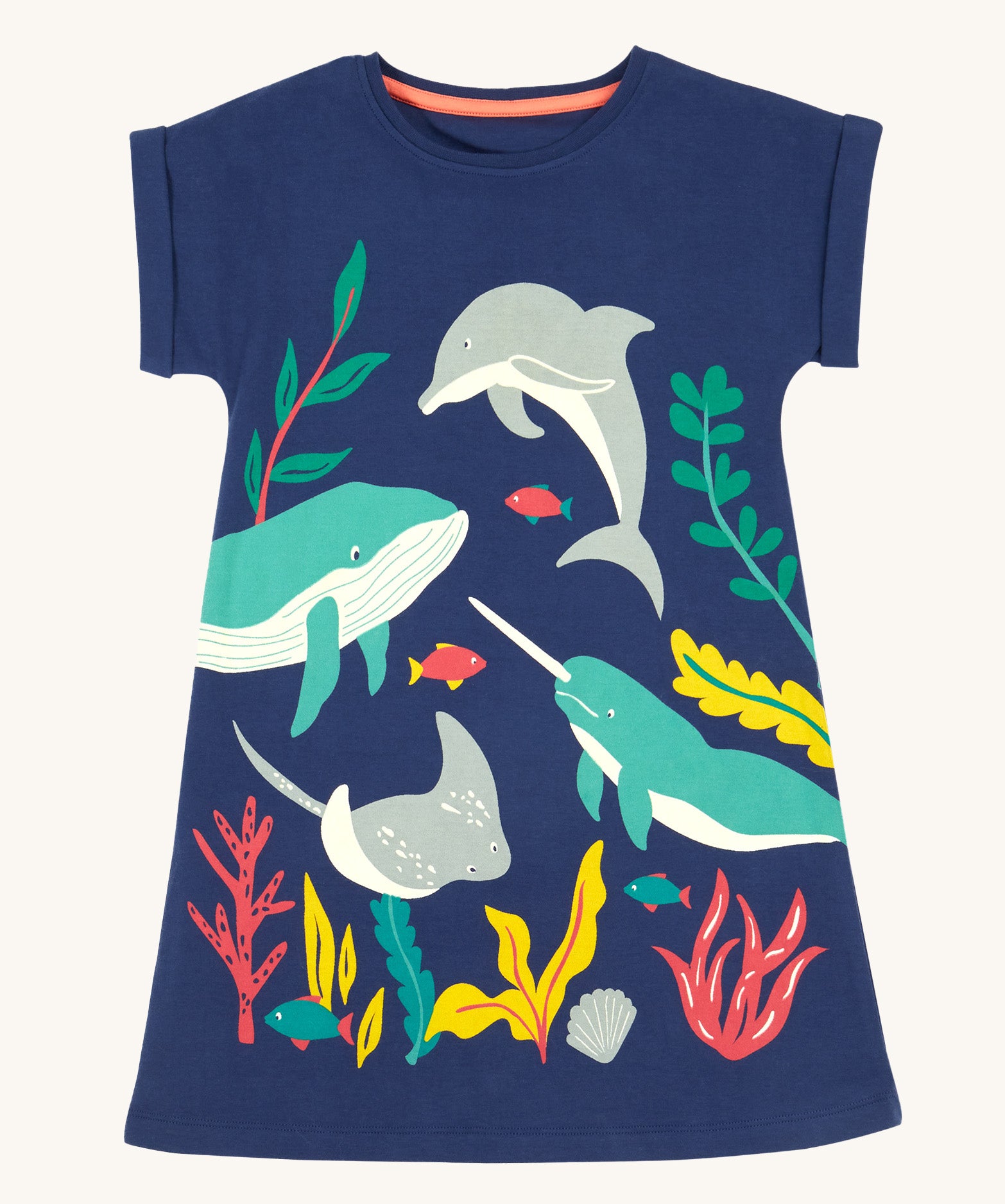 Frugi Bonnie Dress in Navy Blue laid flat, featuring a Sealife print, which includes large sea animals and smaller fish, surrounded by colourful seaweed and coral.