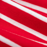 A close up of the red and white breton stripe Frugi breton campervan design organic cotton jamie jim jams long sleeved pyjamas.