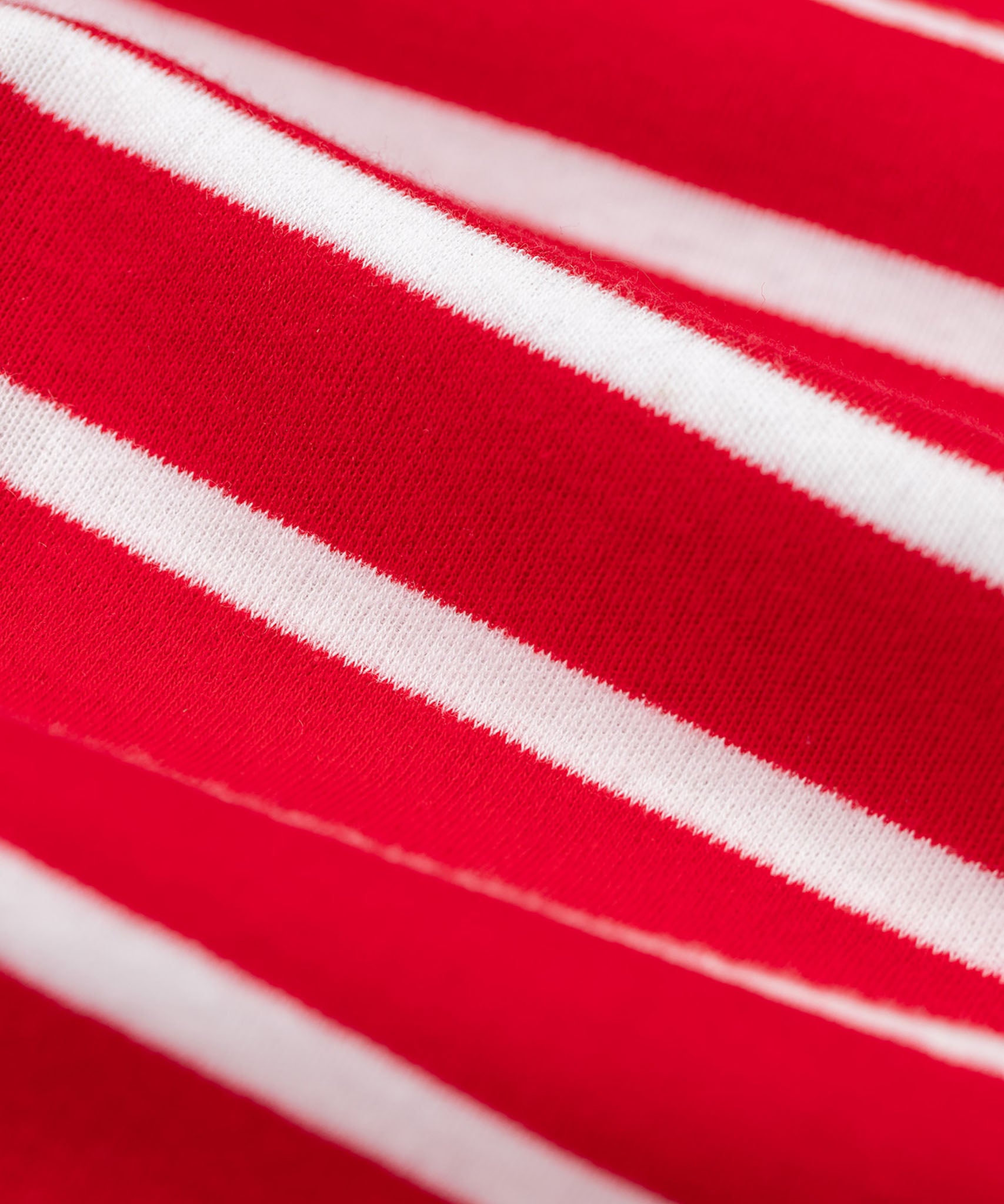 A close up of the red and white breton stripe Frugi breton campervan design organic cotton jamie jim jams long sleeved pyjamas.