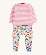 The back of the frugi kids brooke easy dressing baby grow in fun-guys/pink stripes. 