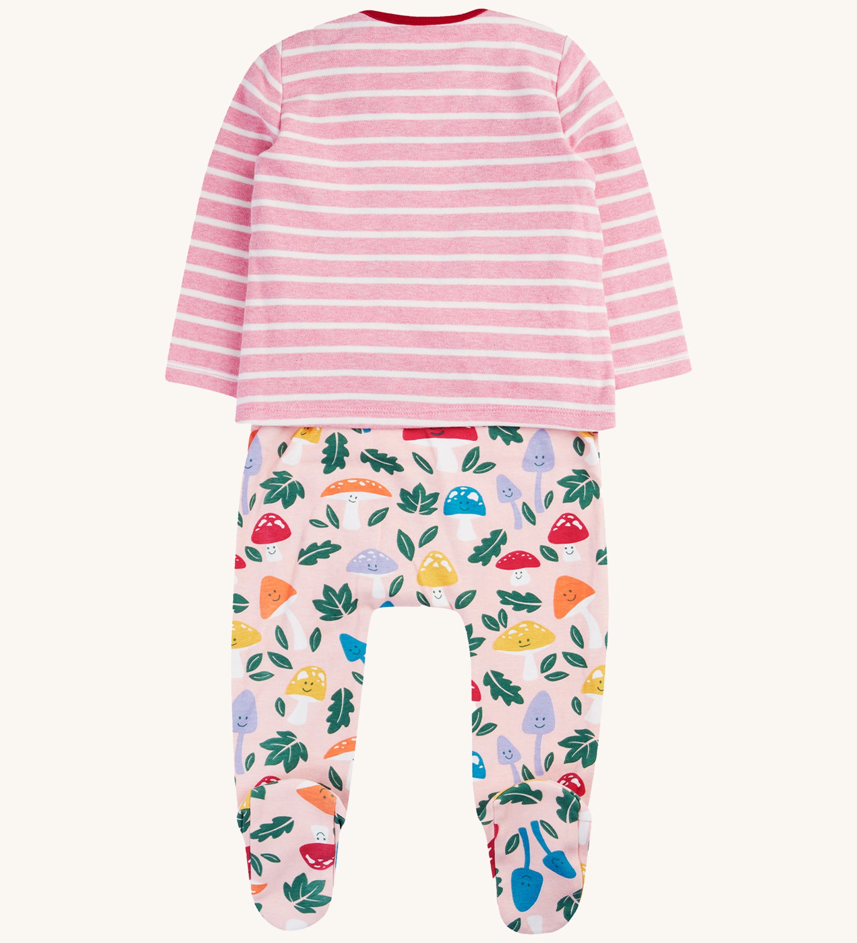 The back of the frugi kids brooke easy dressing baby grow in fun-guys/pink stripes. 