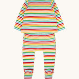 The back of the frugi kids brooke easy dressing baby grow in squirrel/rainbow stripe