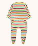 The back of the frugi kids brooke easy dressing baby grow in squirrel/rainbow stripe